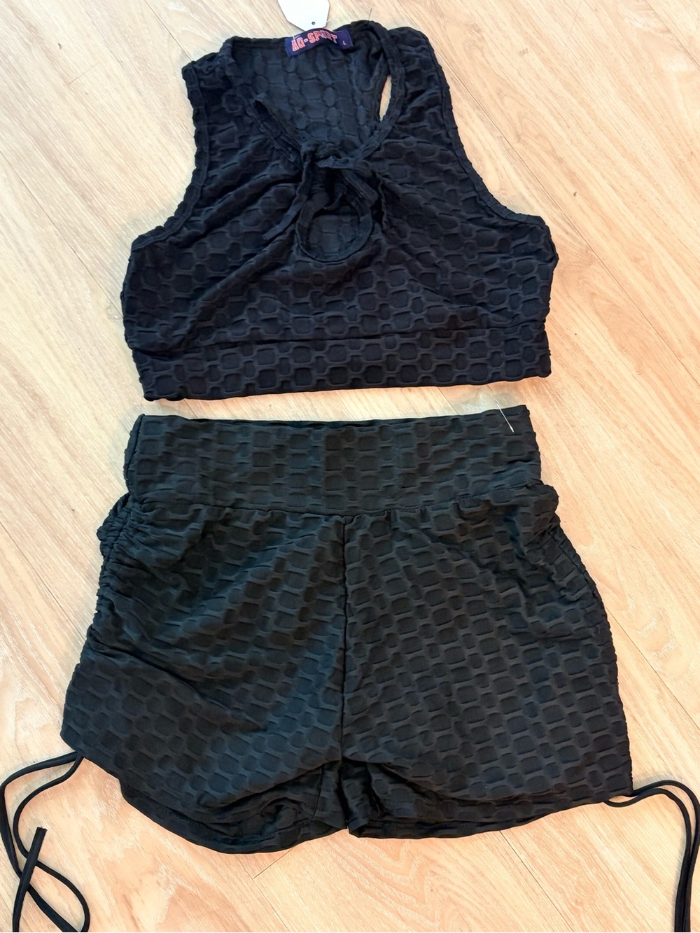 Black Textured Two-Piece Lounge Set - Crop Tank & Drawstring Shorts